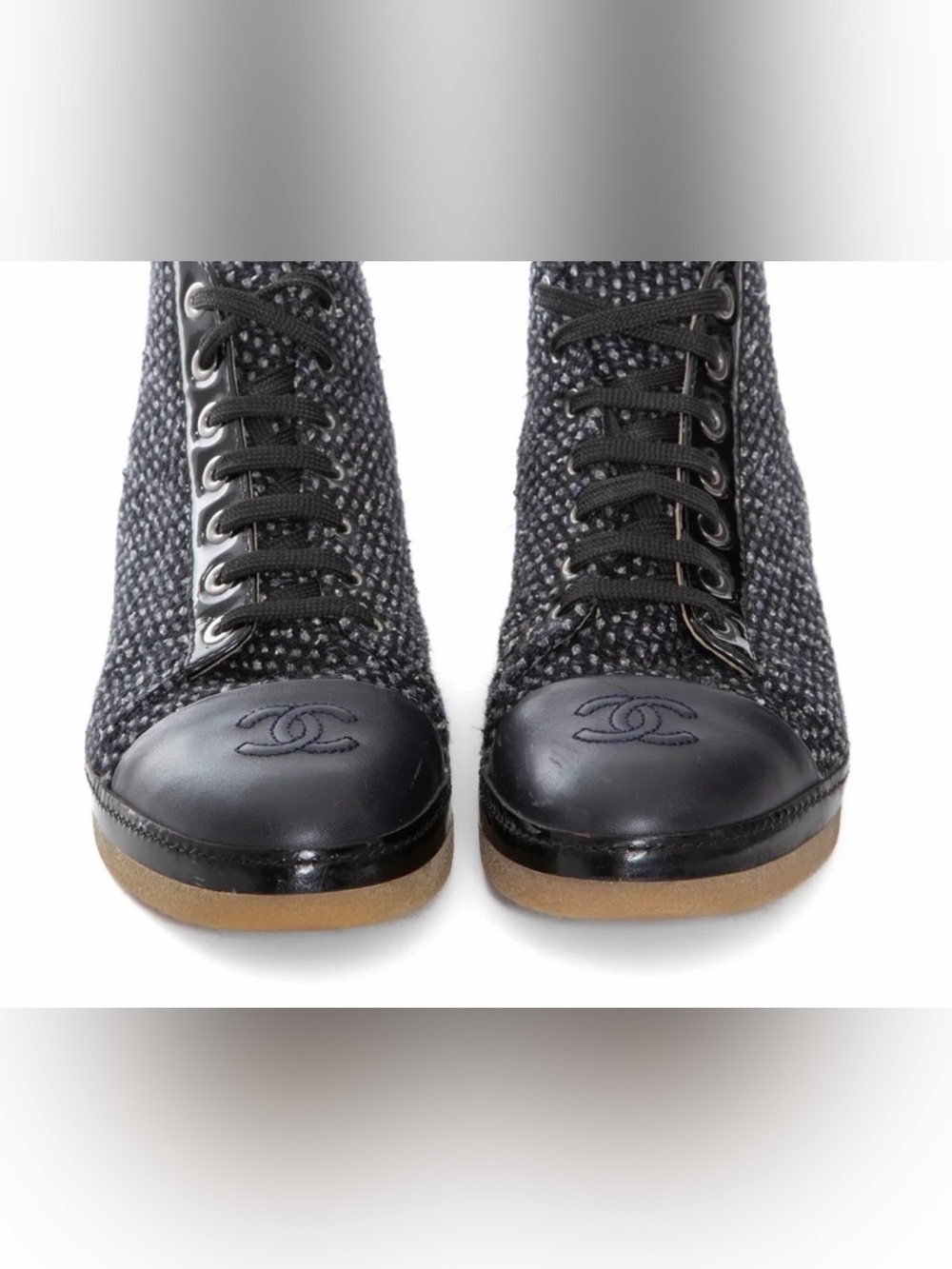 CHANEL Black Tweed & Leather Lace-Up Sneakers with CC Toe Embroidery